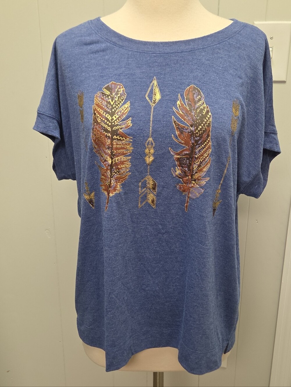 TruSelf True Self Blue T-Shirt Feather Arrow Short Sleeve Shirt XL Top Blouse